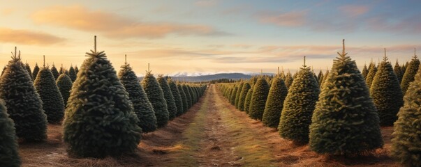 Wall Mural - Trees in rows at christmas tree farm. in the nature. Generative ai