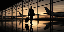 Silhouette Of A Person Walking With A Suitcase At The Airport In The Rays Of The Setting Sun