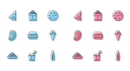 Sticker - Set line Asian noodles in bowl, and chopsticks, Slice of pizza, Hotdog sandwich, Burger, Ice cream waffle cone, Steak meat and Noodles box icon. Vector