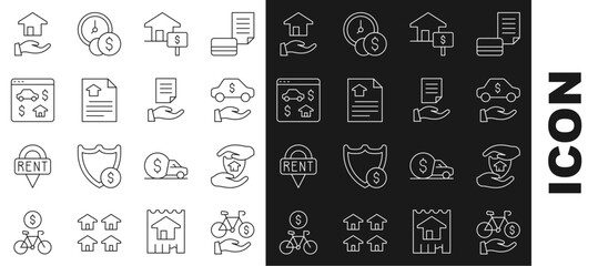 Sticker - Set line Bicycle rental mobile app, House with shield, Car, dollar, contract, Online real estate, Realtor and icon. Vector