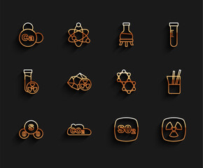 Poster - Set line Sulfur dioxide SO2, CO2 emissions in cloud, Mineral Ca Calcium, Radioactive, Laboratory glassware and Molecule icon. Vector