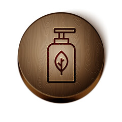 Sticker - Brown line Essential oil bottle icon isolated on white background. Organic aromatherapy essence. Skin care serum glass drop package. Wooden circle button. Vector