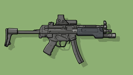 Close-up of an 5sd submachine gun on an isolated green background. Art Line. Military weapons, gun concepts