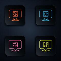 Canvas Print - Color neon line Cheese icon isolated on black background. Set icons in square buttons. Vector