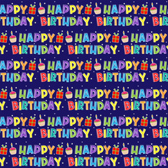 Wall Mural - happy birthday seamless pattern on blue color background suitable for giftwrap, background and more