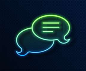 Wall Mural - Glowing neon line Speech bubble chat icon isolated on blue background. Message icon. Communication or comment chat symbol. Vector