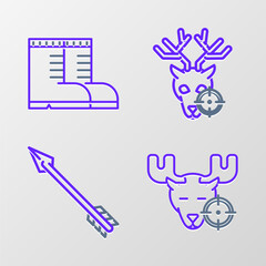 Sticker - Set line Hunt on moose with crosshairs, Hipster arrow, deer and Hunter boots icon. Vector