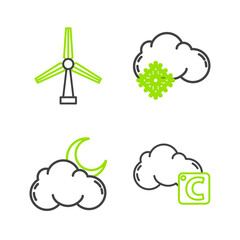 Poster - Set line Celsius and cloud, Cloud with moon stars, snow and Wind turbine icon. Vector