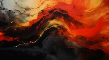 Abstract Liquid Lava Colors Painting. Marbled Wallpaper Background. Red Yellow Swirls Black Painted Splashes Illustration. 	