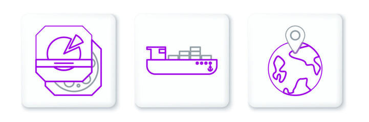 Sticker - Set line Worldwide, Pizza in cardboard box and Cargo ship with boxes delivery service icon. Vector