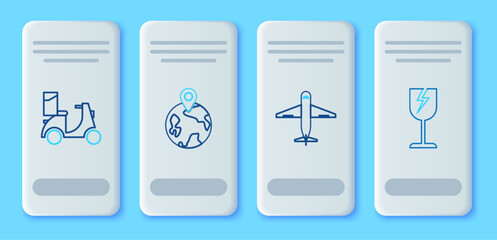 Poster - Set line Worldwide, Plane, Scooter delivery and Fragile broken glass symbol icon. Vector