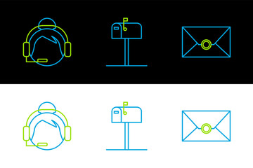 Poster - Set line Envelope, Support operator in touch and Open mail box icon. Vector