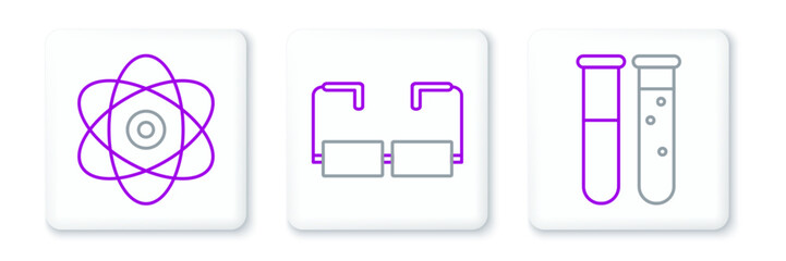 Poster - Set line Test tube and flask chemical laboratory, Atom and Glasses icon. Vector