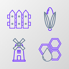 Sticker - Set line Honeycomb, Windmill, Corn and Garden fence wooden icon. Vector