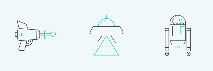 Poster - Set line Robot, Ray gun and UFO flying spaceship icon. Vector