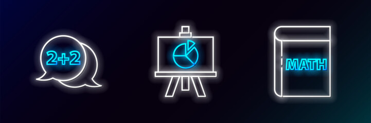 Poster - Set line Book with word mathematics, Equation solution and Chalkboard diagram icon. Glowing neon. Vector