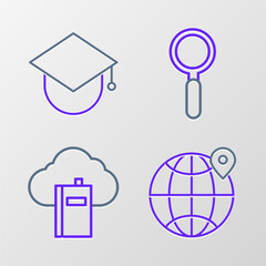 Poster - Set line Location on the globe, Cloud or online library, Magnifying glass and Graduation cap icon. Vector