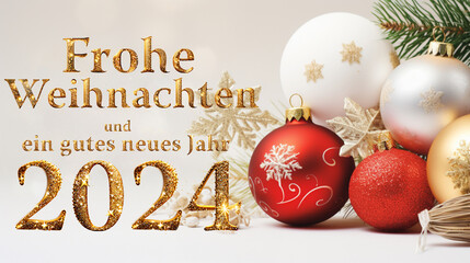 Wall Mural - Christmas card with the text Frohe Weihnachten Und Ein Gutes Neues Jahr 2024. Composition with red baubles, fir branches on a light snowy background. Winter Christmas holiday concept.