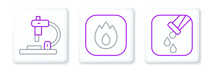 Poster - Set line Test tube and flask, Microscope and Fire flame icon. Vector
