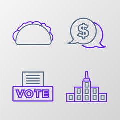 Canvas Print - Set line City landscape, Vote box, Coin money with dollar and Taco tortilla icon. Vector