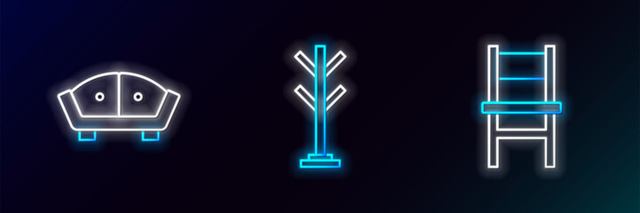 Wall Mural - Set line Chair, Sofa and Coat stand icon. Glowing neon. Vector