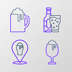 Sticker - Set line Glass of beer, Alcohol or bar location, Beer bottle and glass and Wooden mug icon. Vector