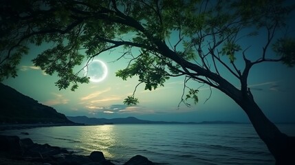 Canvas Print - Silhouette branches of trees against green sky and bright full moon above seascape. Beautiful landscape and serenity natural background. Outdoors at nighttime. The moon taken with my own camera