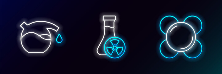 Poster - Set line Molecule, Test tube and with toxic liquid icon. Glowing neon. Vector