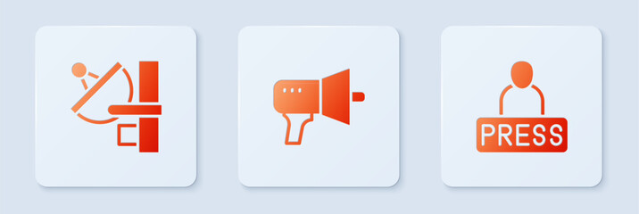 Sticker - Set Megaphone, Radar and Journalist news. White square button. Vector