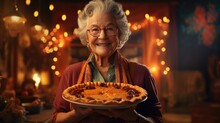 An Elderly Grandmother Clutching A Pumpkin Pie. Generative Ai.
