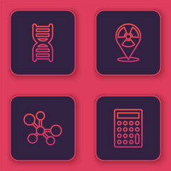 Poster - Set line DNA symbol, Molecule, Radioactive in location and Calculator. Blue square button. Vector