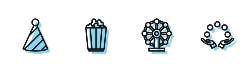 Sticker - Set line Ferris wheel, Party hat, Popcorn in box and Juggling ball icon. Vector