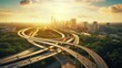 Experience the dynamic symmetry of elevated transportation with this aerial drone footage capturing a sunrise over a busy roadway in Austin, Texas, USA. 