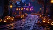 Halloween decorations for the house, including pumpkins and purple string lights.  Generative Ai.