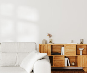 Wall Mural - living room interior mock up, gray sofa and wooden cupboard with decor, white wall with sunlight, 3d