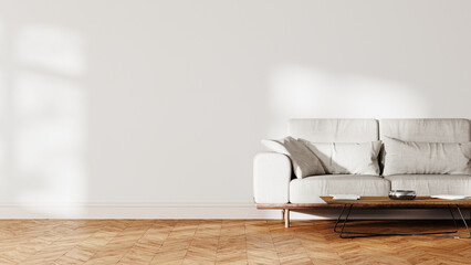 Wall Mural - half empty living room interior mock up, gray sofa near white wall with sunlight, 3d rendering