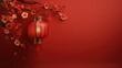 Chinese lanterns hanging decorations and sakura blossoms on red background, Elegant design for Chinese New Year greeting card ,copy space for text.
