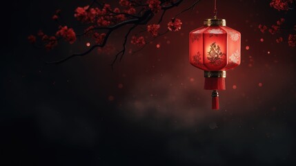 Wall Mural - Chinese New Year, Decorative Chinese lantern and sakura blossoms background with copy space