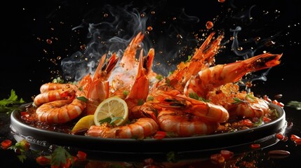 Poster - chef is cooking delicious shrimp with seasoning, Prawns fried with splashes of lemon juice in a freeze motion on a dark background. Seafood appetizer. Culinary, cooking concept. Long banner format.