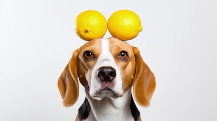 Poster - Portrait of beagle with a lemon on his head. Funny dog studio shot white background. Pet with fruits.
