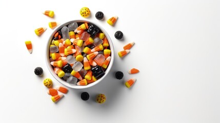 Sticker - Halloween concept. Creative flat lay composition with pot and halloween candies on white background.