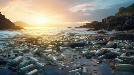 Poster - Stone beach with plastic waste. Plastic bottles in nature. Environmental pollution concept
