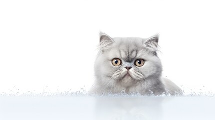 Poster - A wide banner with a funny wet white British cat on white isolated background