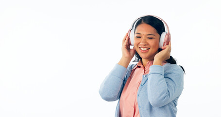 Sticker - Headphones, happy or woman in listening to music, playlist or podcast for entertainment. Smile, asian female and relax to stream a song, online radio subscription and technology by white background