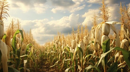 Poster - Corn cobs in corn plantation field.
