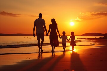 Happy family: mother, father, children son and daughter on sunset