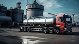 Transportation truck dangerous chemical truck tank stainless is parked in the factory.