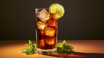 Poster - Whiskey cola cocktail with strong alcohol and ice, garnished with mint and lime in highball glass. Beige background, hard light