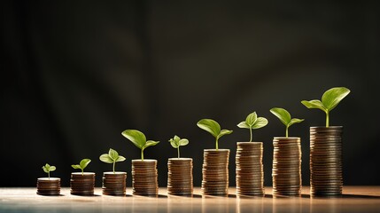 Poster - Money Growth Concept - Plants On Coin Stacks In Increase