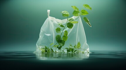 Poster - Plastic free.Ecological poster. Say NO to plastic and polyethylene bags. Ban plastic pollution. Biodegradable bag, made with green sprout and leaves. Zero waste and Sustainable lifestyle. Think Green.